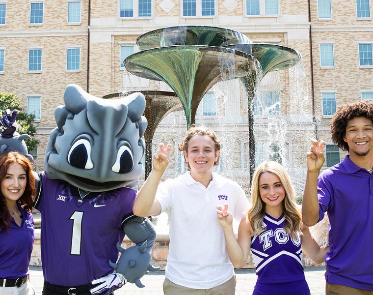 TCU students, Cheer and SuperFrog at Frog Fountain