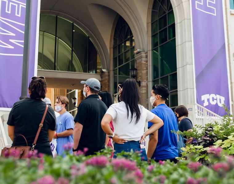 Tour group of prospective students gathered outside of the BLUU